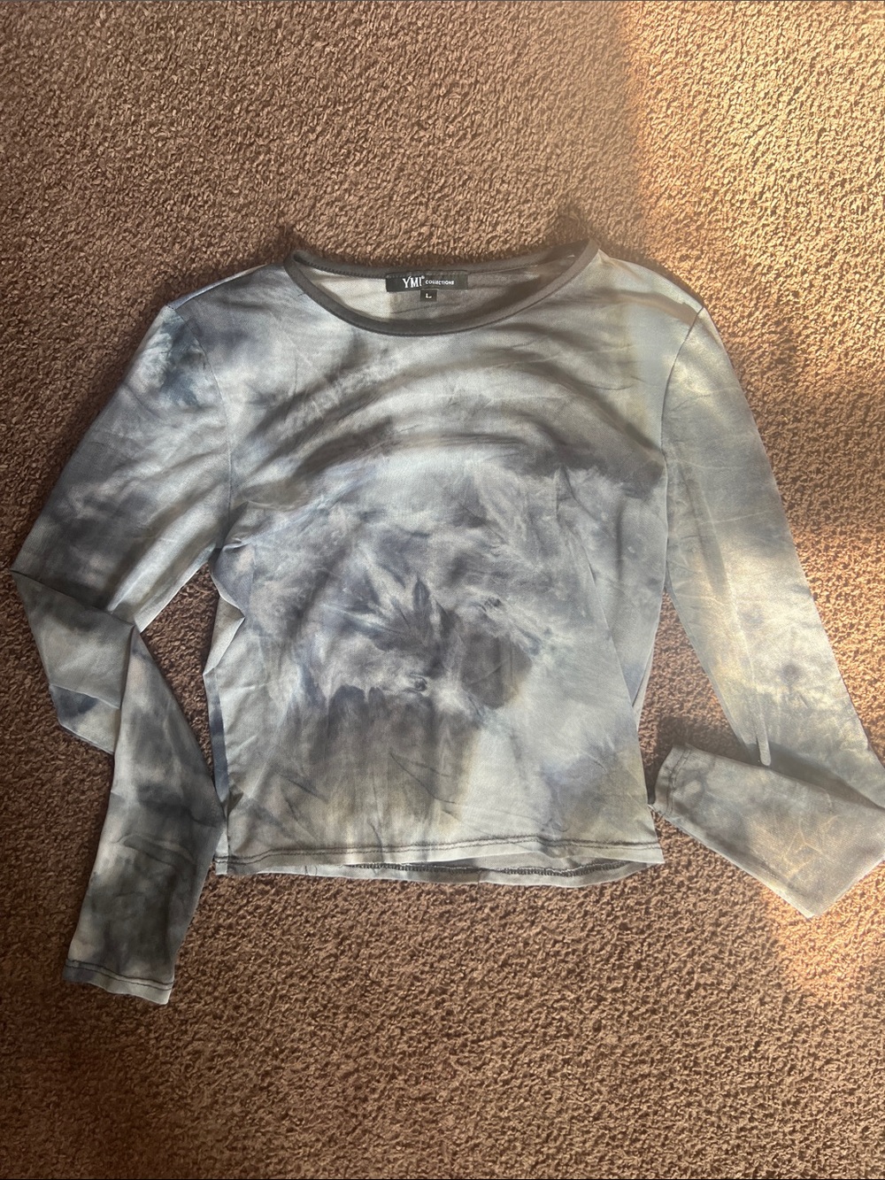 NY Collection SHEER Tie-Dye Long Sleeve Crewneck Top - Gray & Blue